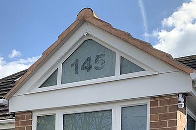 acid-etched feature gable end above a newly built porch in Stechford, Birmingham