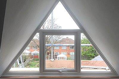 internal view of the finished triangular shaped window by Solihull WDC, from solihullwindows.co.uk